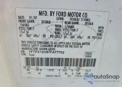 2007 Ford F150 из США, поврежденный, VIN 1FTPX12V87FA77702